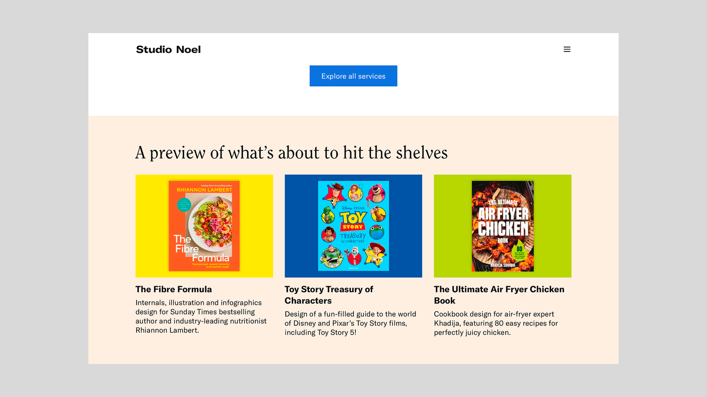 Screenshot of the webpage with a light orange block, showing a title 'A preview of what’s about to hit the shelves' and 3 photos and titles of new books.